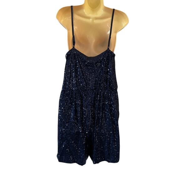 Navy Blue Sequin Knit Romper Woman Size XL Elastic Waist Pockets Lined Clubwear - Picture 3 of 12